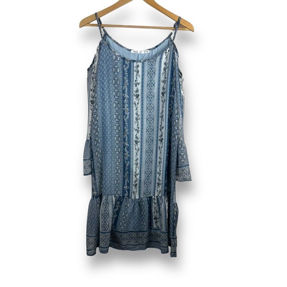 Fraiche By J Women's Size M Cold Shoulder Bell Sleeve Dress Blue Patchwork New
